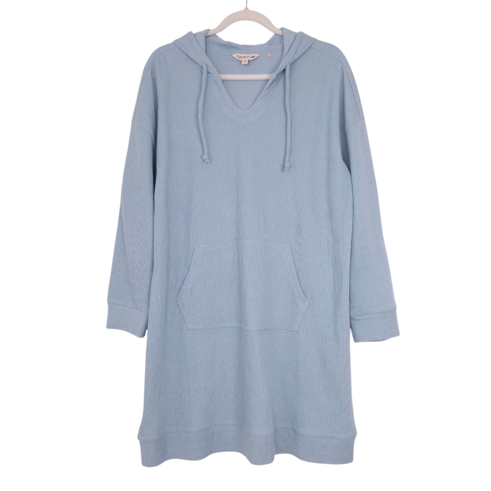Toad&Co Byrne Hooded Dress waffle knit coastal beach organic cotton hemp blue
